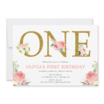 女の子1歳の誕生日赤面ピンクと金ゴールドフローラ