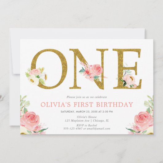 女の子1歳の誕生日赤面ピンクと金ゴールドフローラ 招待状 (正面)