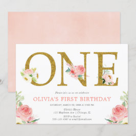 女の子1歳の誕生日赤面ピンクと金ゴールドフローラ 招待状