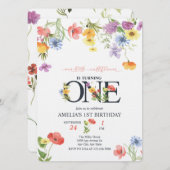 女の子1歳の誕生日 |ワイルドフラワーの招待状 招待状 (正面/裏面)