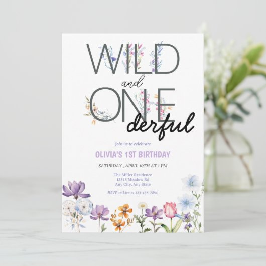 女の子1歳の誕生日 |ワイルドフラワー誕生日 招待状 (スタンド正面)