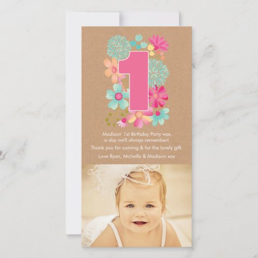 女の子1番目の誕生日ナンバー1ありがとうフォトカード サンキューカード (正面)