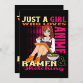 女の子10代のトレンディーかわいいアニメラーメン丼がアニメ大好き 招待状 (正面/裏面)
