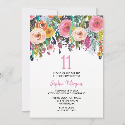 女の子11th誕生日パーティー招待状ピンクの花 招待状 (正面)