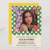 女の子14歳の誕生日の招待レトロGroovy花 招待状 (正面/裏面)