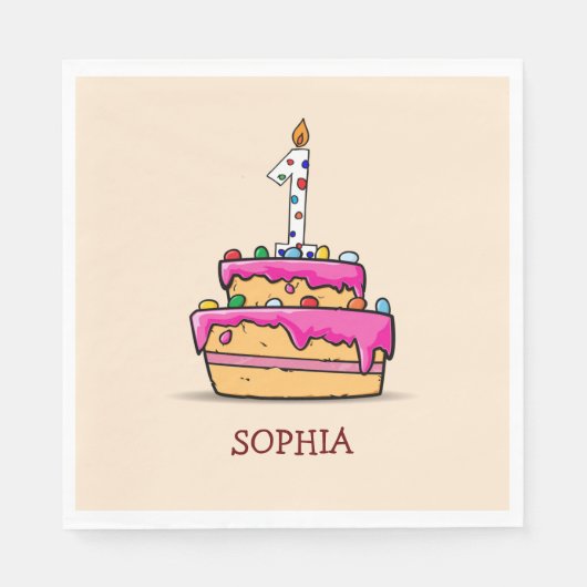 女の子1stの誕生日、1甘いピンクケーキ スタンダードランチョンナプキン (正面)