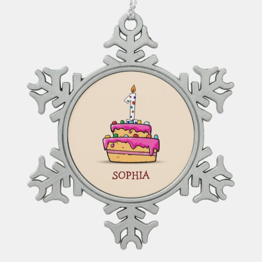 女の子1stの誕生日、1甘いピンクケーキ スノーフレークピューターオーナメント (正面)
