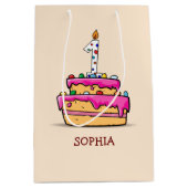 女の子1stの誕生日、1甘いピンクケーキ ミディアムペーパーバッグ (正面)