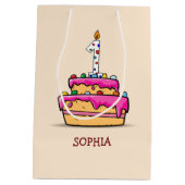 女の子1stの誕生日、1甘いピンクケーキ ミディアムペーパーバッグ (裏面)