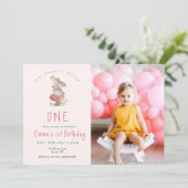 女の子1st誕生日いくつかのバニーウサギの写真 招待状 (スタンド正面)