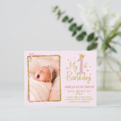 女の子1st誕生日の招待、グリッターの招待 ポストカード (スタンド正面)