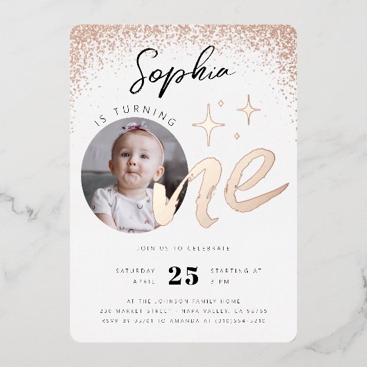 女の子1st誕生日バラ金ゴールド写真 箔招待状 (正面)