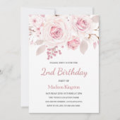 女の子1st誕生日パーティーとフォトピンクの花I 招待状 (正面)