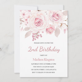 女の子1st誕生日パーティーとフォトピンクの花I 招待状