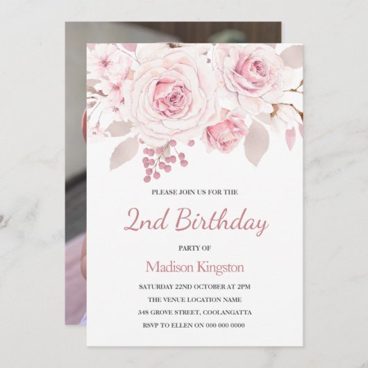 女の子1st誕生日パーティーとフォトピンクの花I 招待状 (正面/裏面)