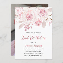 女の子1st誕生日パーティーとフォトピンクの花I 招待状