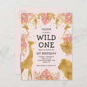 女の子1st誕生日パーティーピンクジャングルサファリ インビテーションポストカード (正面/裏面)