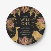 女の子1st誕生日パーティーピンク金ゴールドブラックサファリ ペーパープレート (正面)