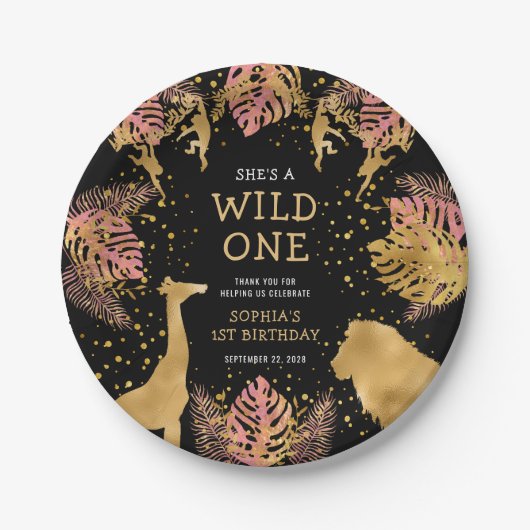 女の子1st誕生日パーティーピンク金ゴールドブラックサファリ ペーパープレート (正面)