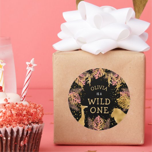 女の子1st誕生日パーティーピンク金ゴールドブラックサファリ ラウンドシール (パーティー)