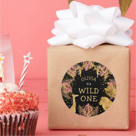 女の子1st誕生日パーティーピンク金ゴールドブラックサファリ ラウンドシール