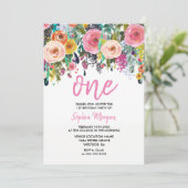 女の子1st誕生日パーティー招待状ピンクフラワーピーチ 招待状 (スタンド正面)