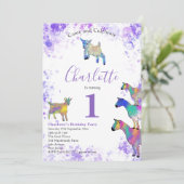 女の子1st誕生日パーティー水色ヤギ紫 招待状 (スタンド正面)