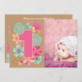 女の子1st誕生日パーティー番号写真招待状 招待状 (正面/裏面)