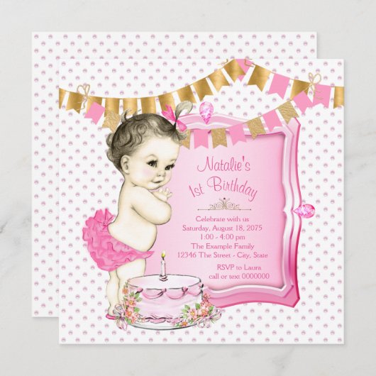女の子1st誕生日ピンクと金ゴールド 招待状 (正面/裏面)
