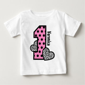 女の子1st誕生日ピンク水玉模様ゼブラハート ベビーTシャツ