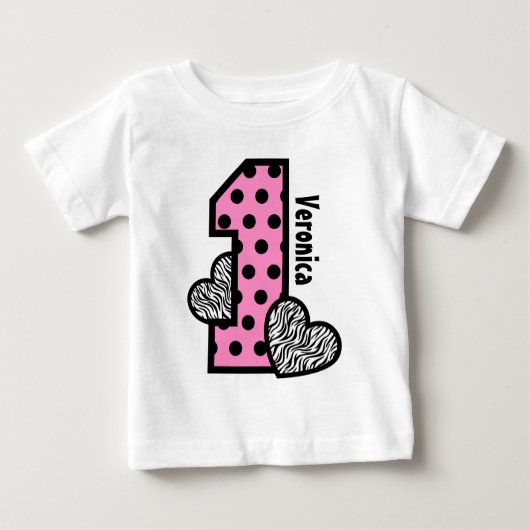 女の子1st誕生日ピンク水玉模様ゼブラハート ベビーTシャツ (正面)