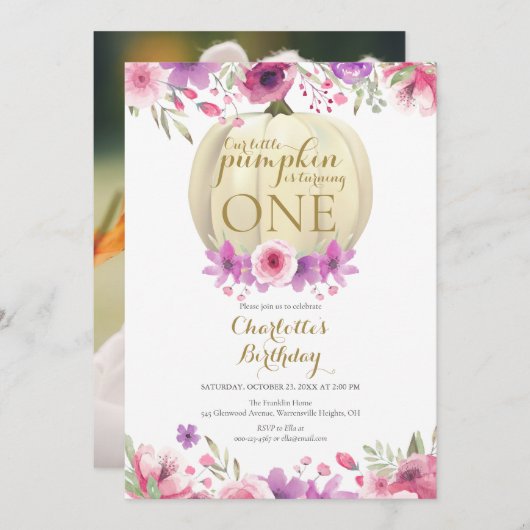 女の子1st誕生日リトルカボチャフローラ写真 招待状 (正面/裏面)