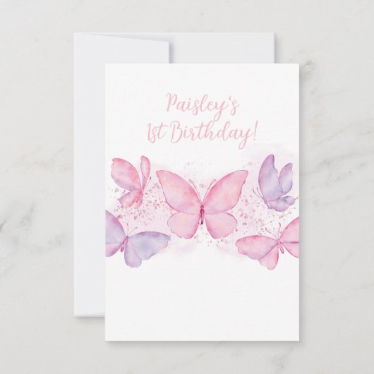 女の子1th誕生日バタフライフォトサンキューカード サンキューカード (裏面)