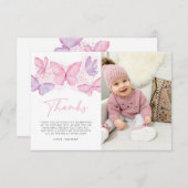 女の子1th誕生日バタフライフォトサンキューカード サンキューカード (正面/裏面)