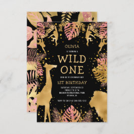 女の子1th誕生日ピンクブラックサファリ 招待状