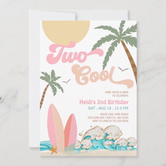 女の子2クールサーフィン2nd誕生日ビーチパーティー 招待状 (正面)