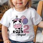 女の子2歳の誕生日パーソナライズされた牛ピンクのバルーン ベビーTシャツ