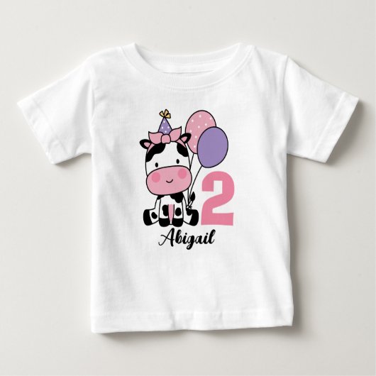 女の子2歳の誕生日パーソナライズされた牛ピンクのバルーン ベビーTシャツ (正面)