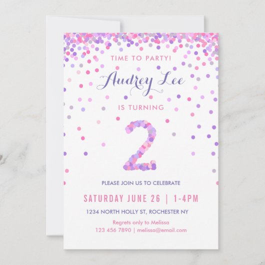 女の子2歳の誕生日パーティー2 招待状 (正面)