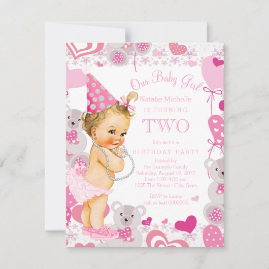 女の子2歳の誕生日パーティー ピンクのテディベア ハート 招待状 (正面)