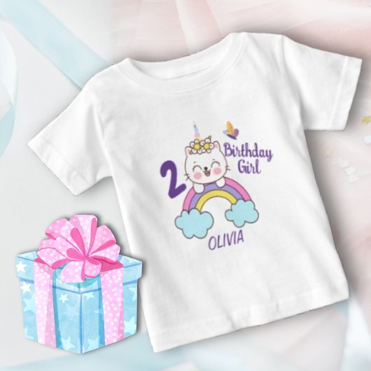 女の子2歳の誕生日ユニコーンキャット誕生日 ベビーTシャツ