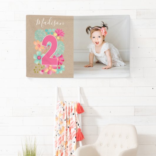 女の子2番目の誕生日パーティー番号写真パーティー 横断幕 (インサイチュ)