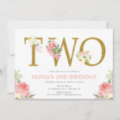 女の子2番目の誕生日赤面ピンクと金ゴールドフローラ 招待状 (正面)