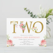 女の子2番目の誕生日赤面ピンクと金ゴールドフローラ 招待状 (スタンド正面)