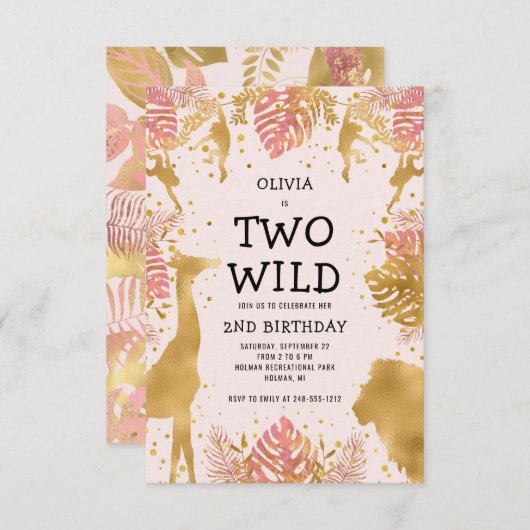 女の子2野生2nd誕生日ピンクジャングルサファリ 招待状 (正面/裏面)