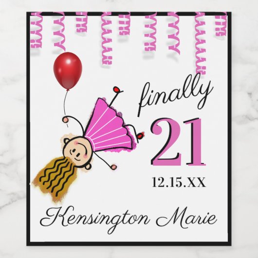 女の子21の誕生日パーティーきらめくワインまたは ワインラベル (シングルラベル)