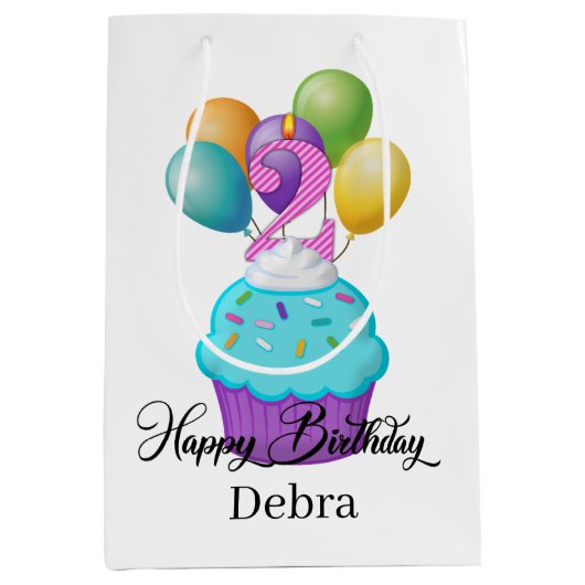 女の子2ND誕生日カップケーキの名前を追加 ミディアムペーパーバッグ (正面)