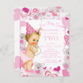 女の子2nd誕生日パーティーピンクテディベアハート 招待状 (正面/裏面)