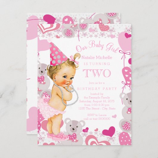 女の子2nd誕生日パーティーピンクテディベアハート 招待状 (正面/裏面)
