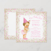 女の子2nd誕生日パーティーピンク金ゴールドグリッター 招待状 (正面/裏面)